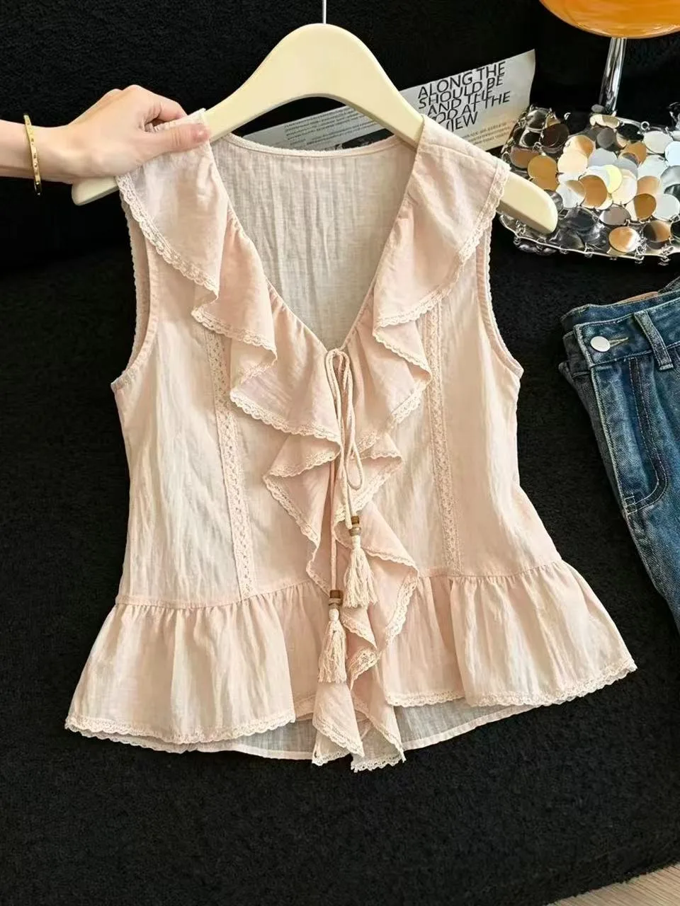 

Pink Lace Trim V-Neck Chiffon Shirt Women's Summer New Style Thin No-Sleeve Floral Bow Tie Blouse Breathable Skin-Friendly
