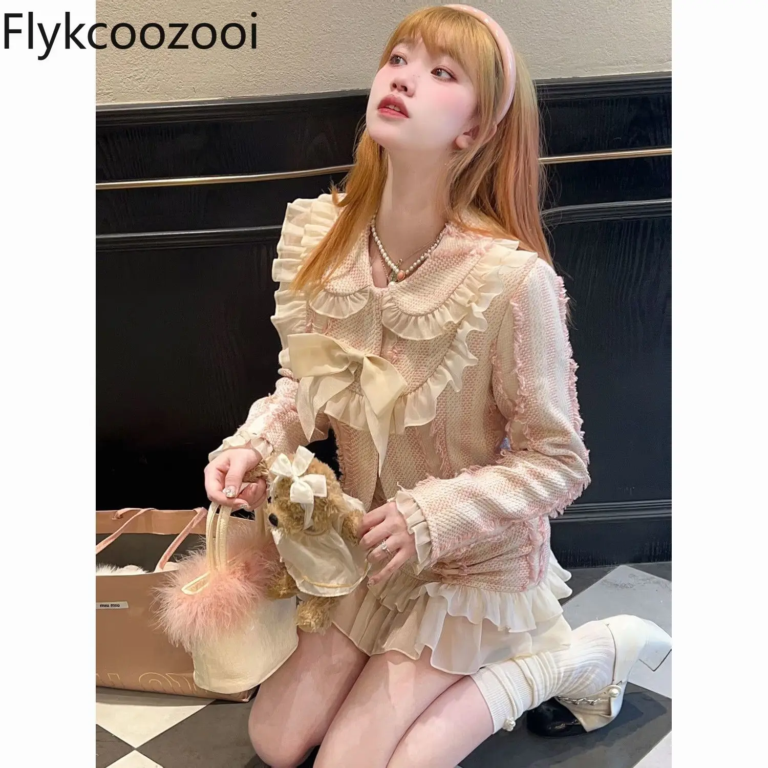 2024 Autumn New Furred Bow Plaid Coat Lace Wrap Hip Skirt Mainland China  Комплекты С Юбками Costume Deux Pieces Femme