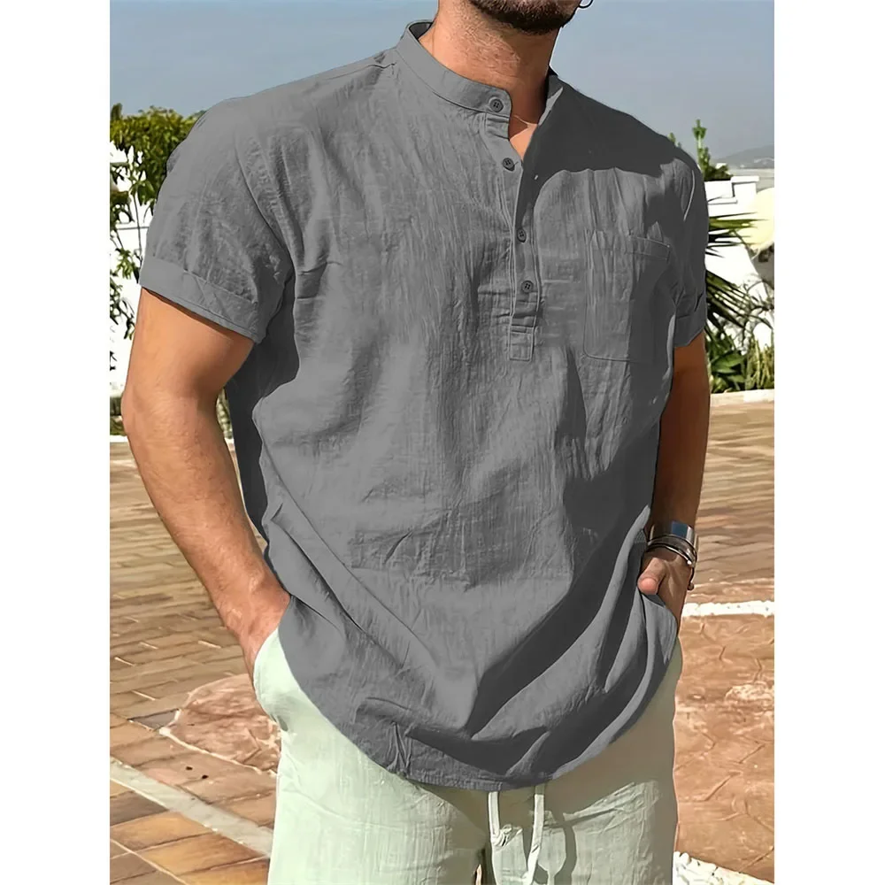 Sommer Heißer Verkauf männer Baumwolle Leinen T-shirt Henley Neck Casual Atmungsaktive Leichte Einfarbig Tasche Mode Taste Tops – Detail 10