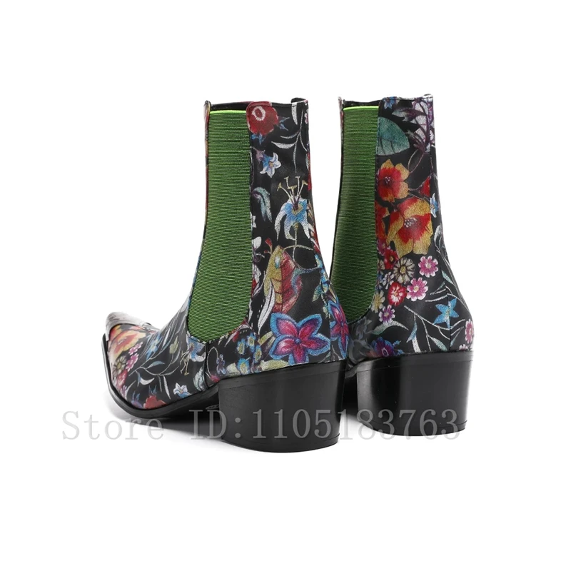 Floral Printed Men Western Cowboy Chelsea Boots Metal Toe Elastic Side Panel Ankle Booties for Party Stage Wedding Party