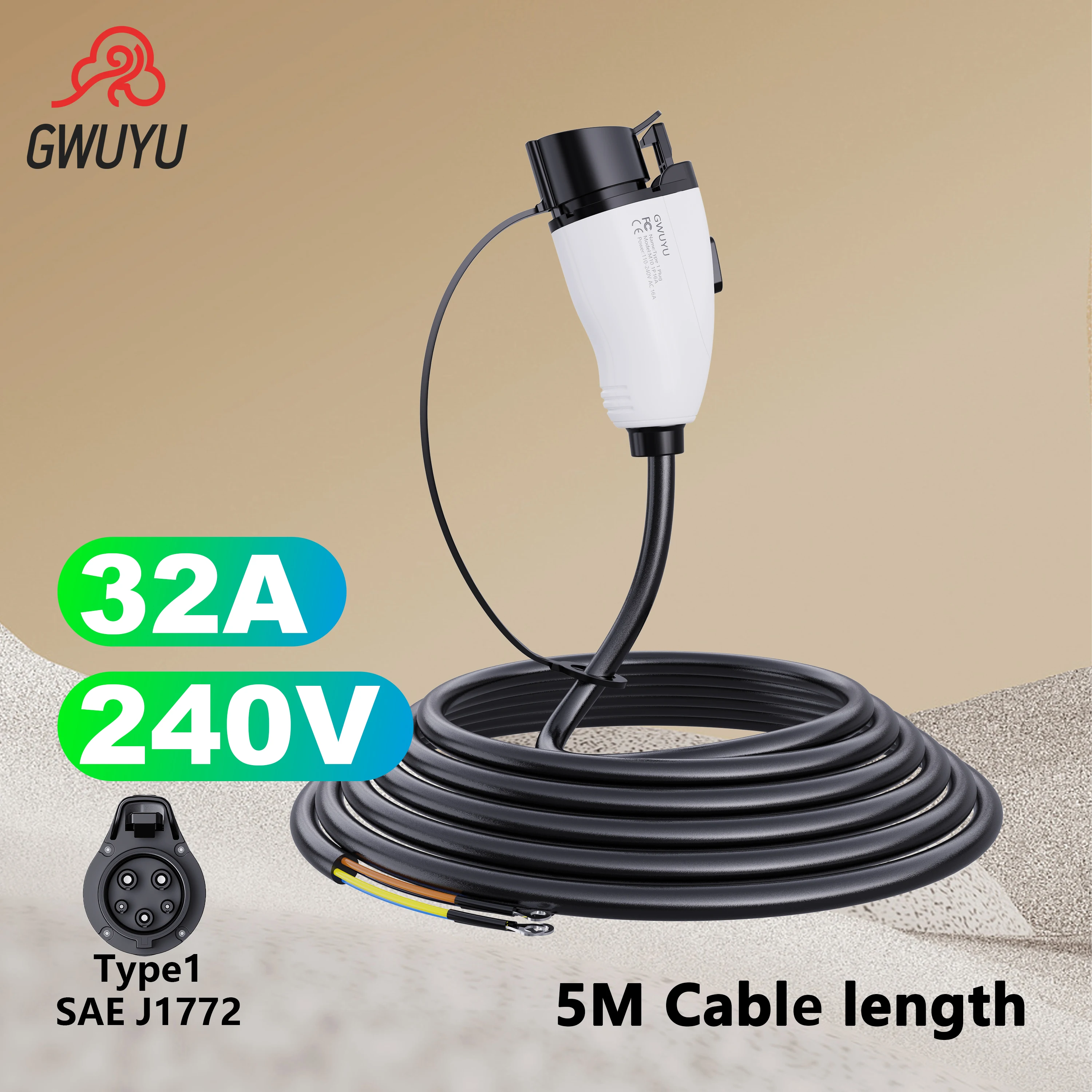 GWUYU M10 EV Charging Extension Cable 5m Length SAE Type 1 Plug 3.5KW 7KW 16A 32A 240V Compatible for All SAE J1772 Chargers