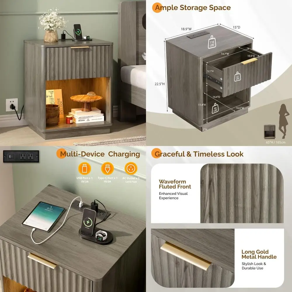 

mid-century modern nightstand with charging station & led light, 19" wide, fluted edges