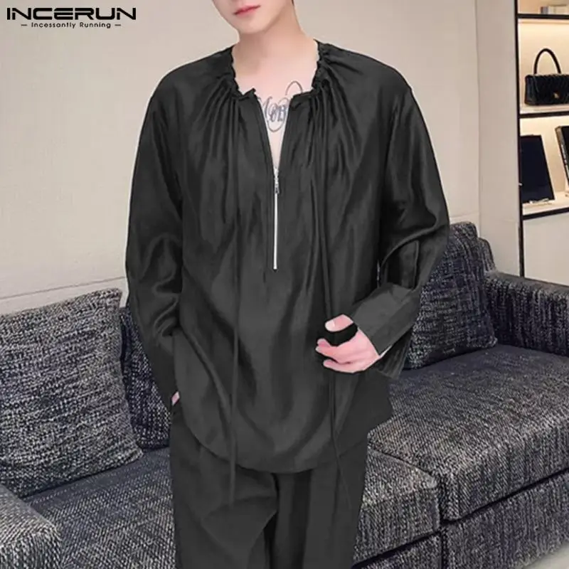 INCERUN 2024 Men Shirt Solid Color Drawstring Zipper Loose Thin Men Clothing Streetwear O-neck Long Sleeve Fashion Casual Shirts