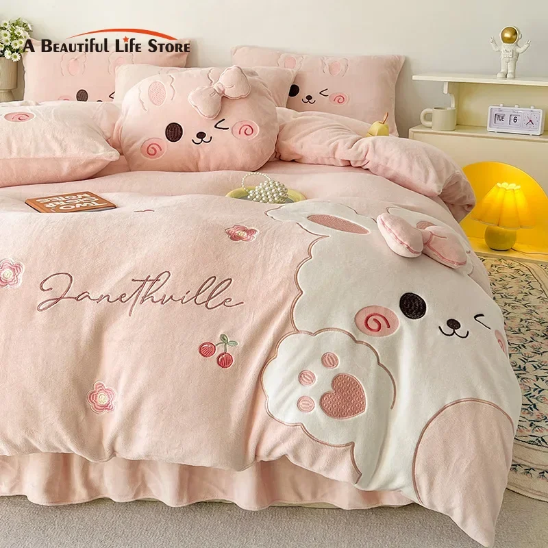 

Pink Cute Cartoon Rabbit Applique Embroidery Bedding Set Velvet Fleece Duvet Cover Bed Sheet Fitted Sheet Bed Skirt Pillowcases