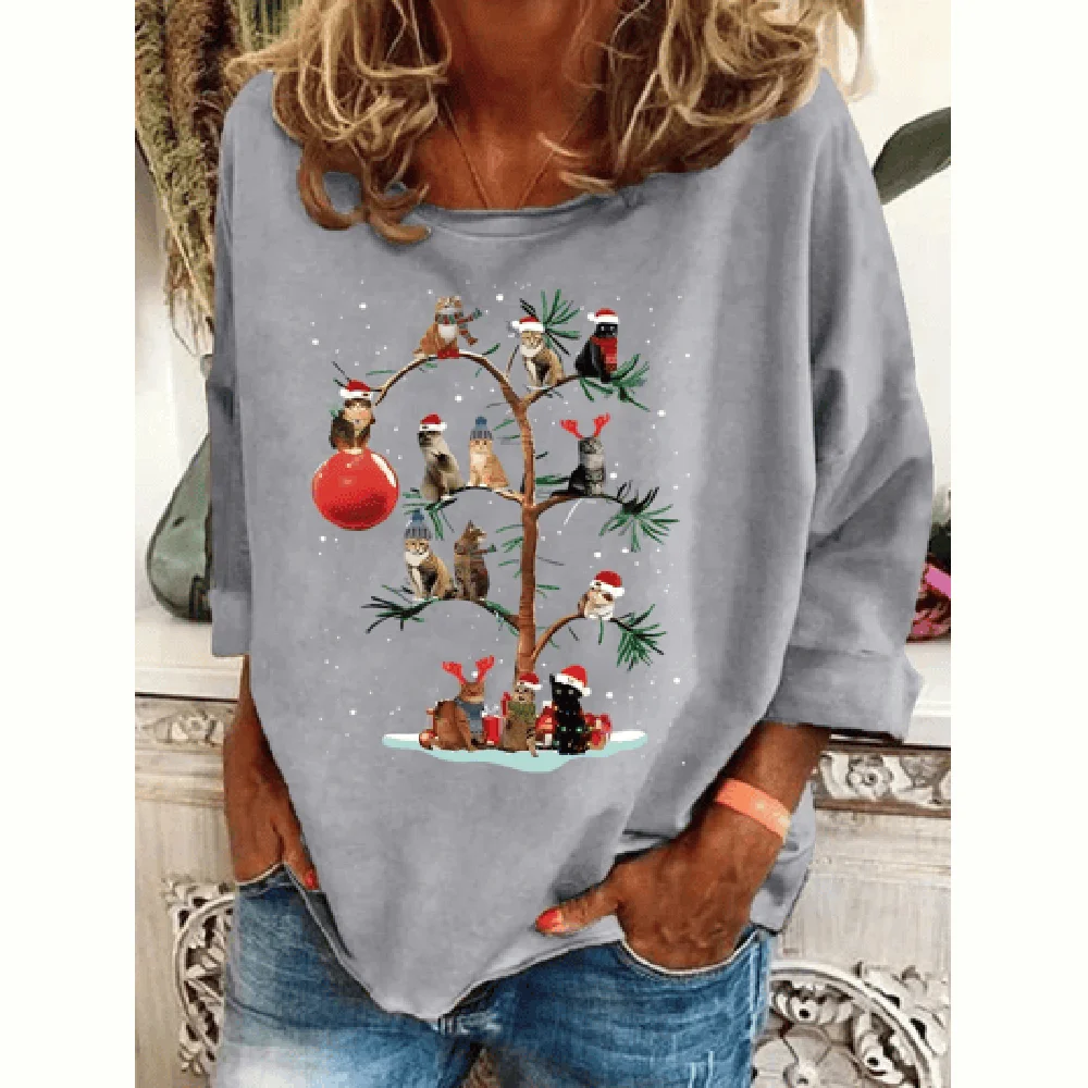 Women\'s Christmas Print Long Sleeve Cotton T-Shirts Christmas Print Top Casual Women\'s Oversized Clothes Autmun Crew Neck Tops
