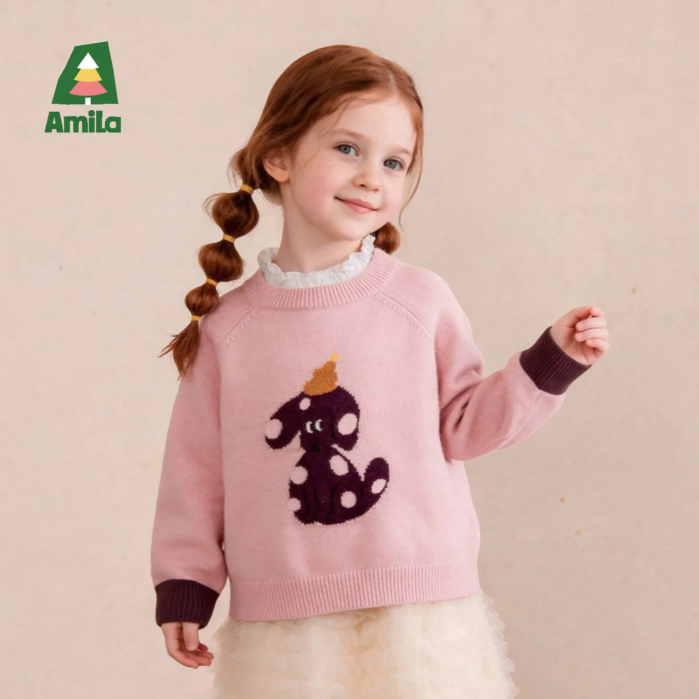 Amila 2026 Autumn New Kids Sweater Wool Raglan Sleeve Cartoon Cute Pet Pattern Fashion Casual Comfortable Daily Long Sleeve Top