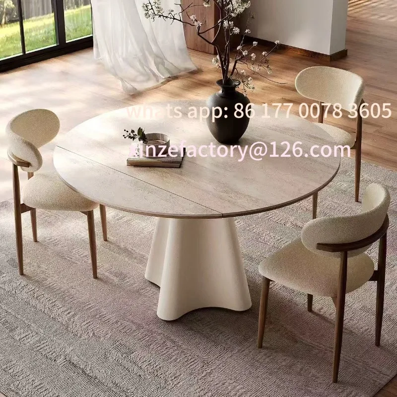 

Customizable French travertine rock slab dining table variable round table solid wood small apartment cream style rice