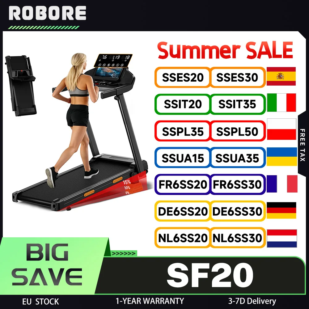 ROBORE SF20 avec pente de 15 %, tapis de course pliable pour la maison, vitesse de 12 km/h, charge maximale de 136 kg, moteur silencieux sans balais amélioré de 3,0 CV, bande de course de 97×40 cm,