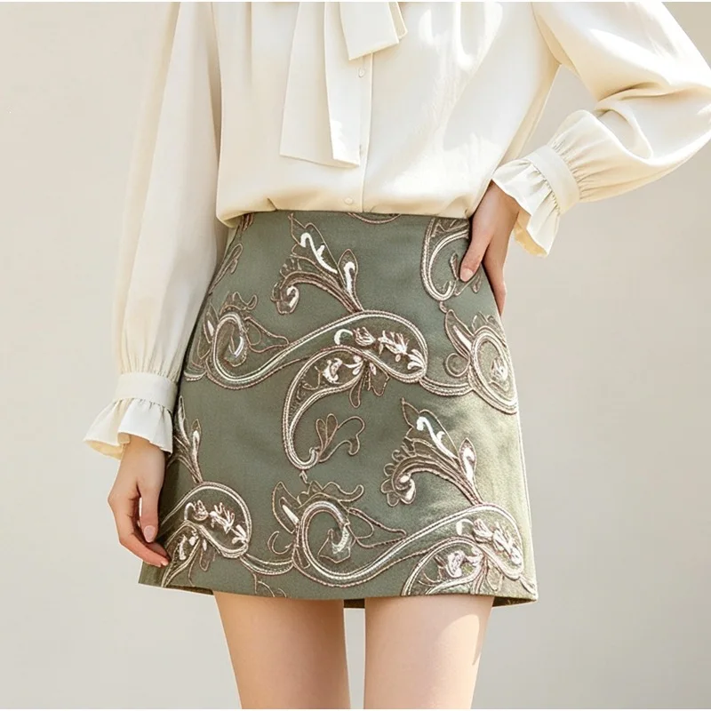 Vintage Coffee Suede Paisley Embroidery A Line Mini Skirt Women High Waist Slim Short Skirt Elegant Autumn Winter Niche Bottom
