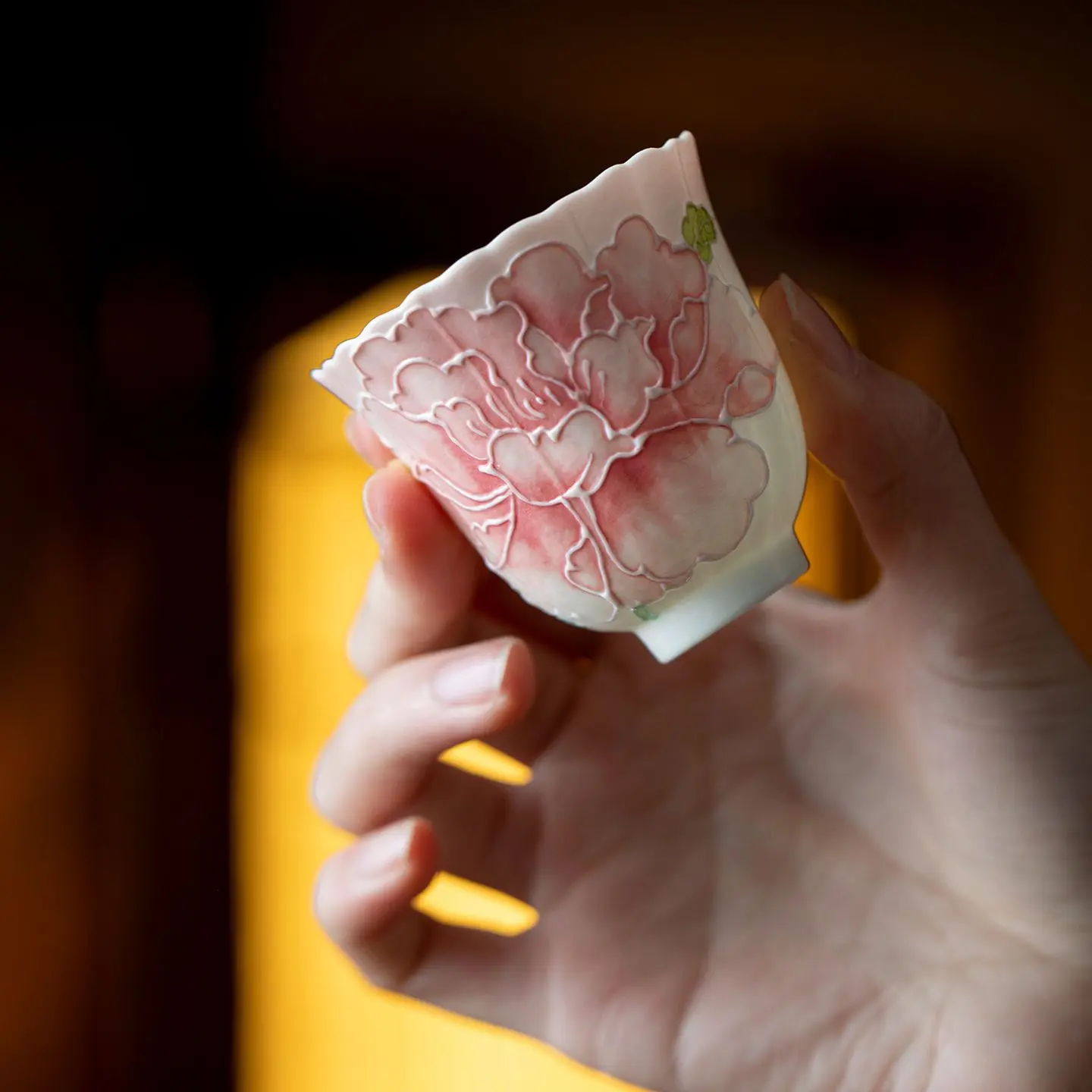 Rock Mineral Glaze Pure Hand Drawing Peony Porcelain Tea Tasting Cup Underglaze Color Gradient Pink Floral Single Kung Fu Set