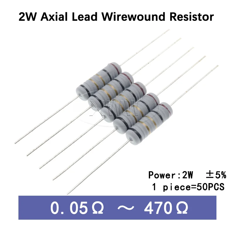 50pcs 2W 5% Wire Wound Resistor Fuse Resistor, 0.1R‑470Ohm Low Resistance Current Limiting Winding Resistance, 0.1Ω0.22Ω4.7Ω