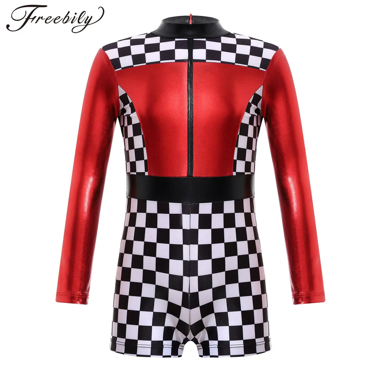 Kids Girls Halloween Race Car Racer Cosplay Costume Long Sleeve Checkerboard Print Zipper Jumpsuit Carnival Theme Party Bodysuit