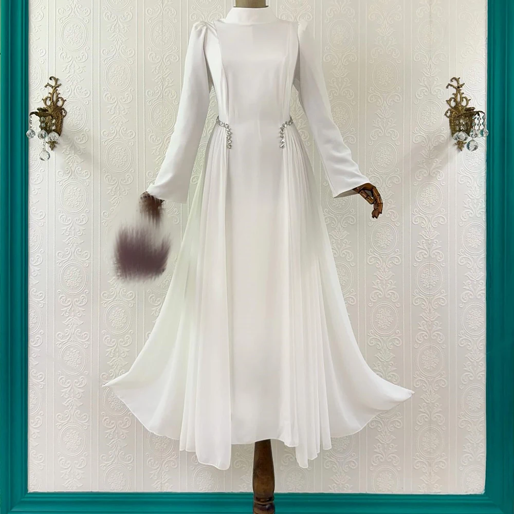 

Customized A-line Evening Dresses Floor-length High-neck Full Sleeve Prom Gown Fashion Crystal Pleat Simple Draped Party Gown