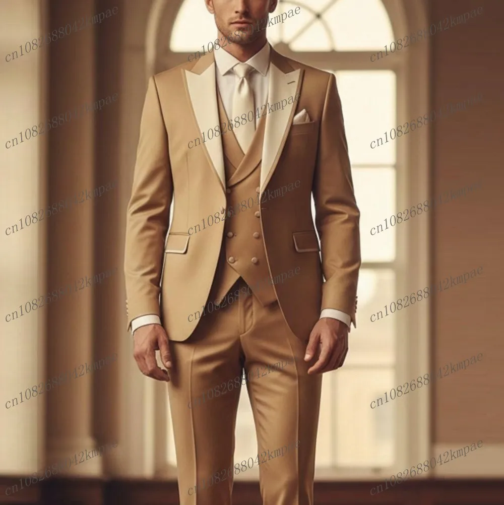 

Мужской костюм цвета слоновой кости и золота, формальный, для жениха, шафера, на свадьбу, выпускной, для деловых встреч, мужской смокинг, комплект из 3 предметов: пиджак, жилет, брюки
