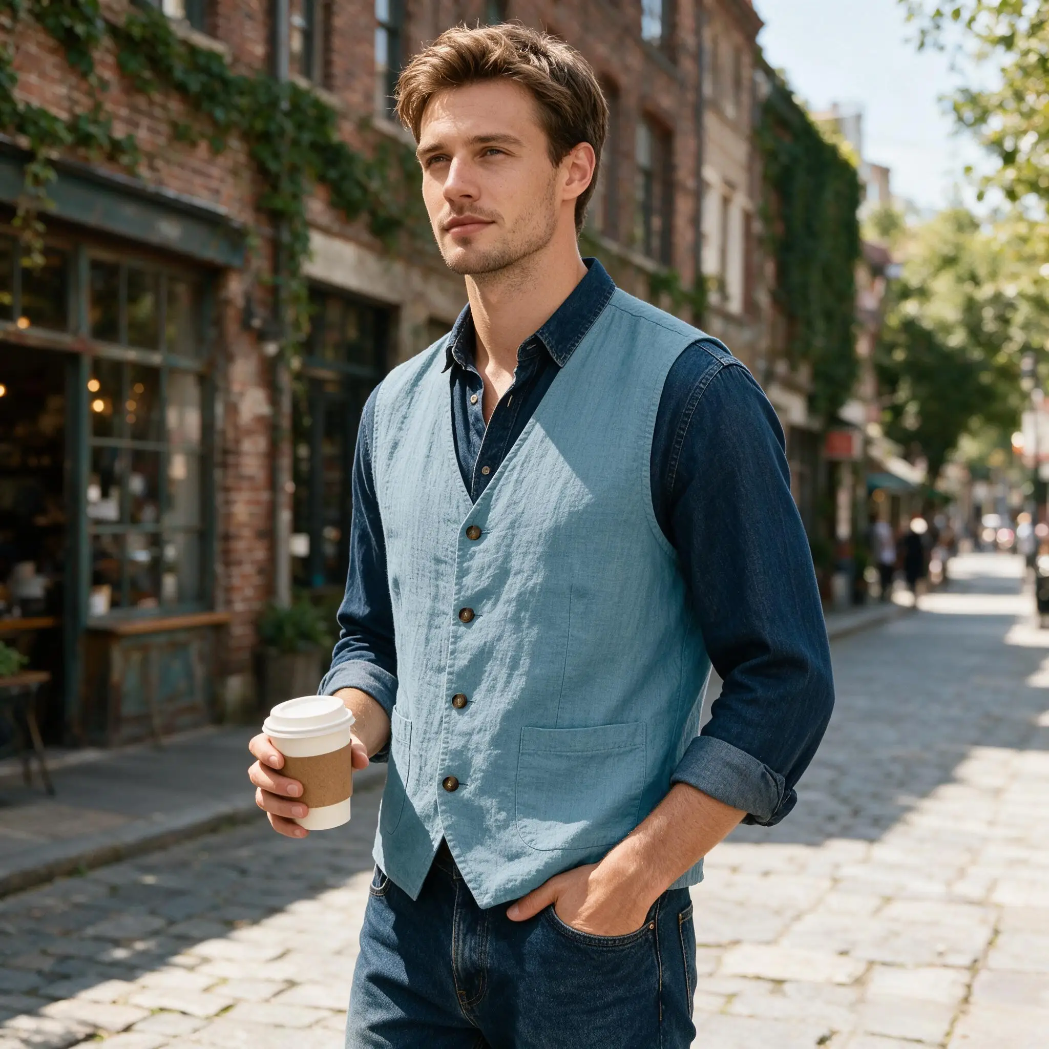 Men Linen Vest Single Breasted V-Neck Sleeveless Breathable Casual Beach Travel Street Daily Layering Waistcoat Outerwear