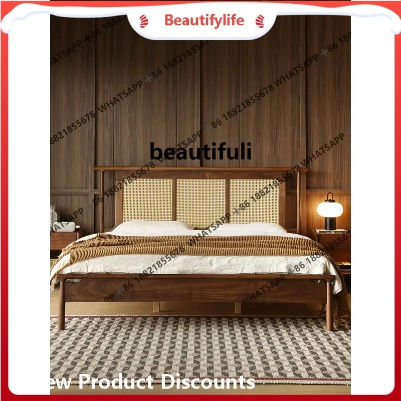 Black walnut solid wood bed household bedroom, rattan, bed frame with soft bag