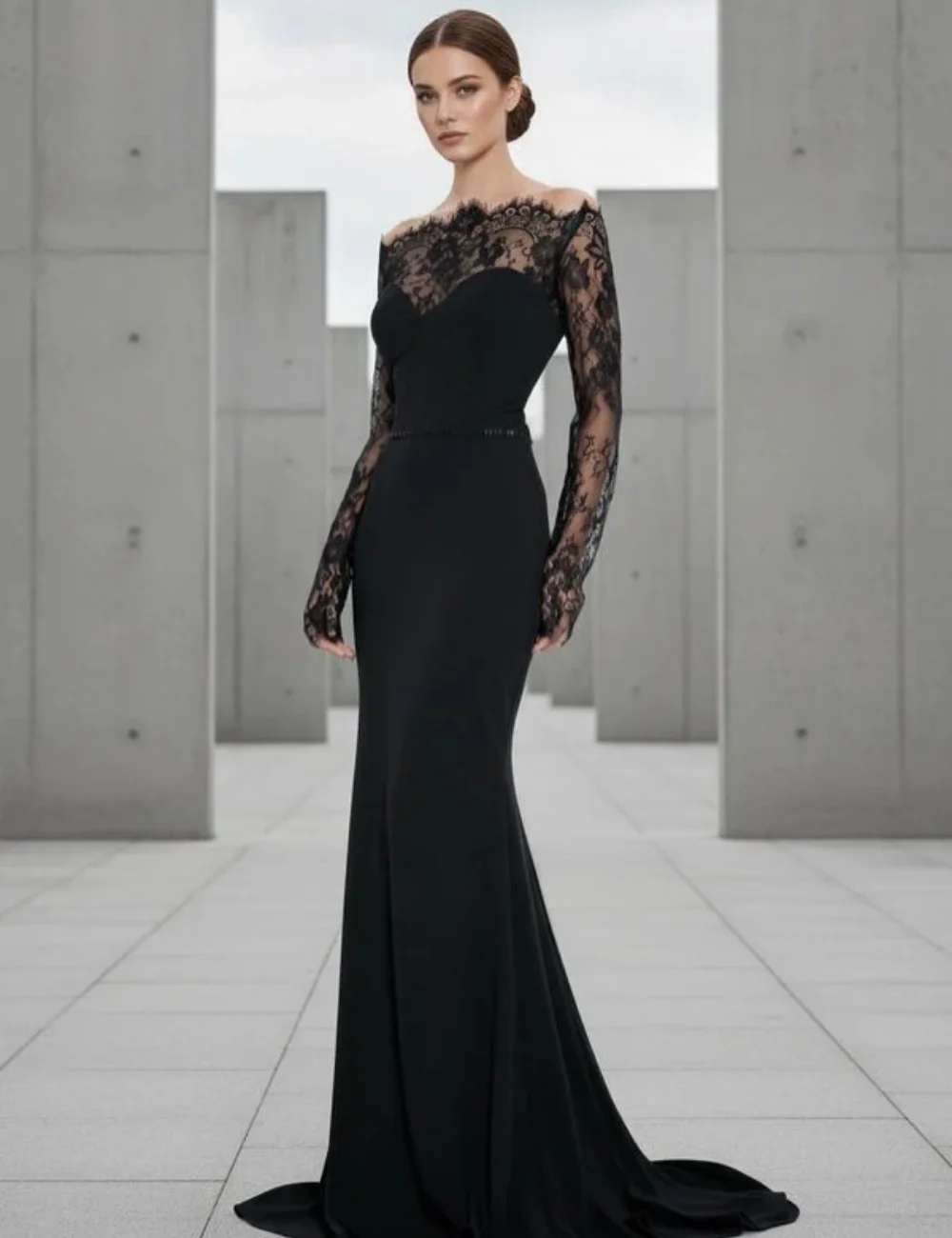 

Customized Black Sexy Fashion Jersey Lace Pleat Ruched Mermaid Off-the-shoulder Long Dresses Evening Dresses for Woman Pastrol