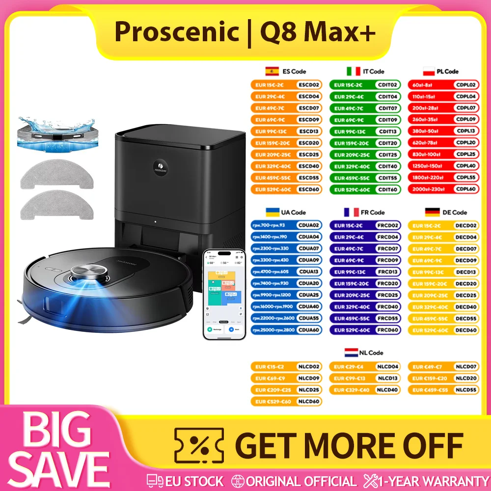 Proscenic Q8 Max+ Robot aspirador y trapeador, succión de 8000 Pa, bolsa para polvo de 3 l, tiempo de ejecución de 200 min, batería de 3200 mAh, vaciado automático de 60 días, navegación LDS LiDAR, control de aplicaciones inteligentes y comandos de voz manos libres, mapeo de múltiples pisos