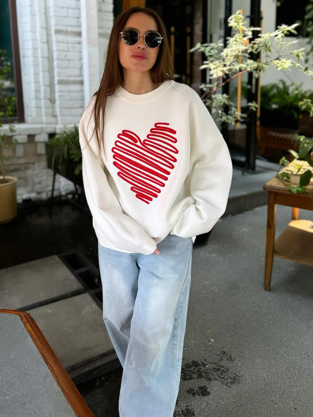 Deeptown Oversized Love Heart Graphics Embroidery Sweater Women Sweet Pink White Knitted Pullover Casual Jumper Long Sleeve Tops