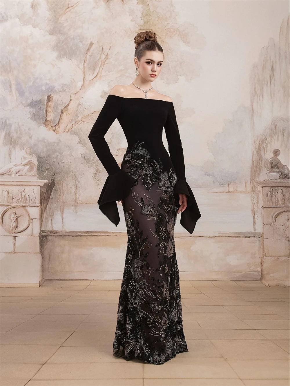 

Customized Luxury Black Evening Dresses Graceful Off the Shoulder Party Dress Fashion Sweep Train Special Occasion Gowns