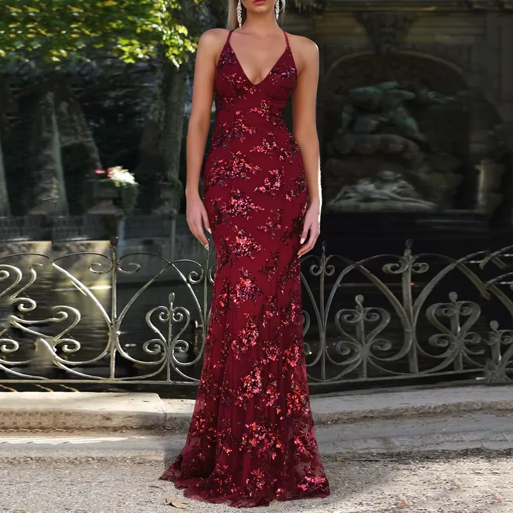 Customized Straight Prom Dresses Floor-Length V-Neck Spaghetti Strap Sleeveless Evening Dresses Fashion Sequined Sexy Backless