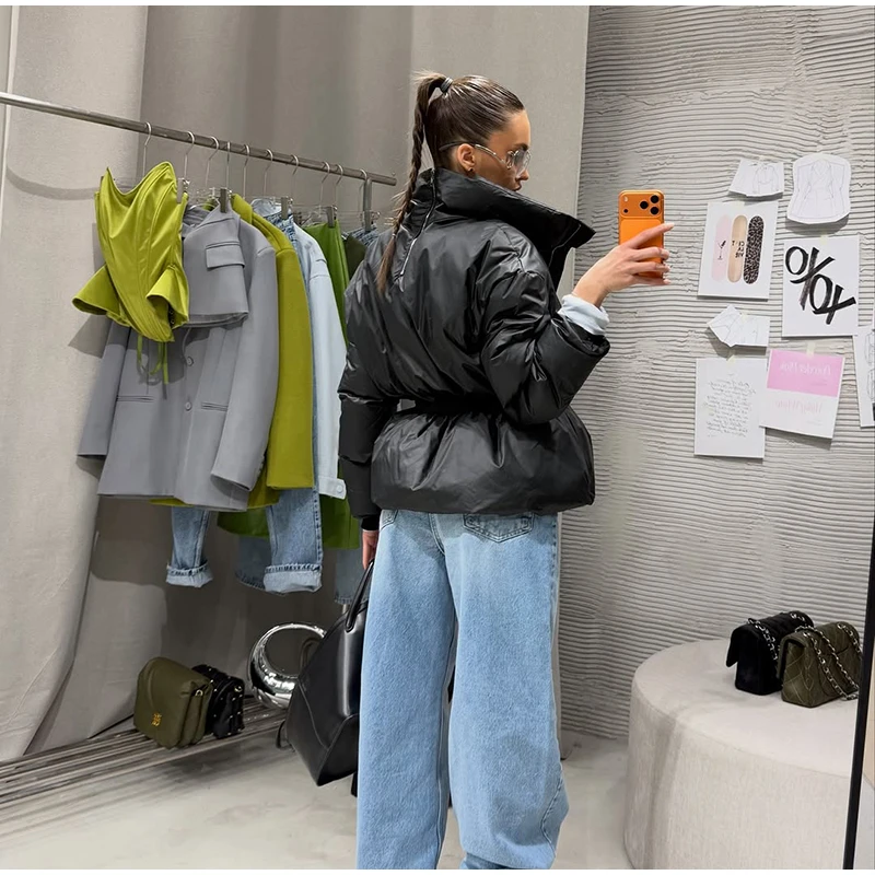Fashion Glossy Padded Jackets Women's Drawstring Zipper Stand Collar Thicken Coats 2026 New Ladies Winter Solid Color Outwear