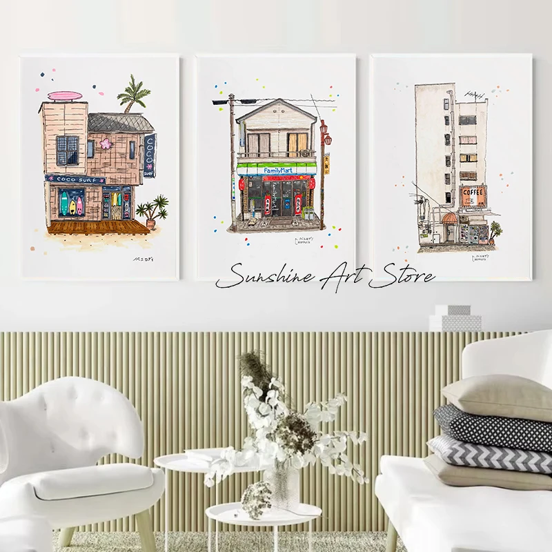 Traditional Japanese Building Construction Restaurant Laundromat Tea Coffee Shop Street Subway Poster Canvas Painting Wall Decor