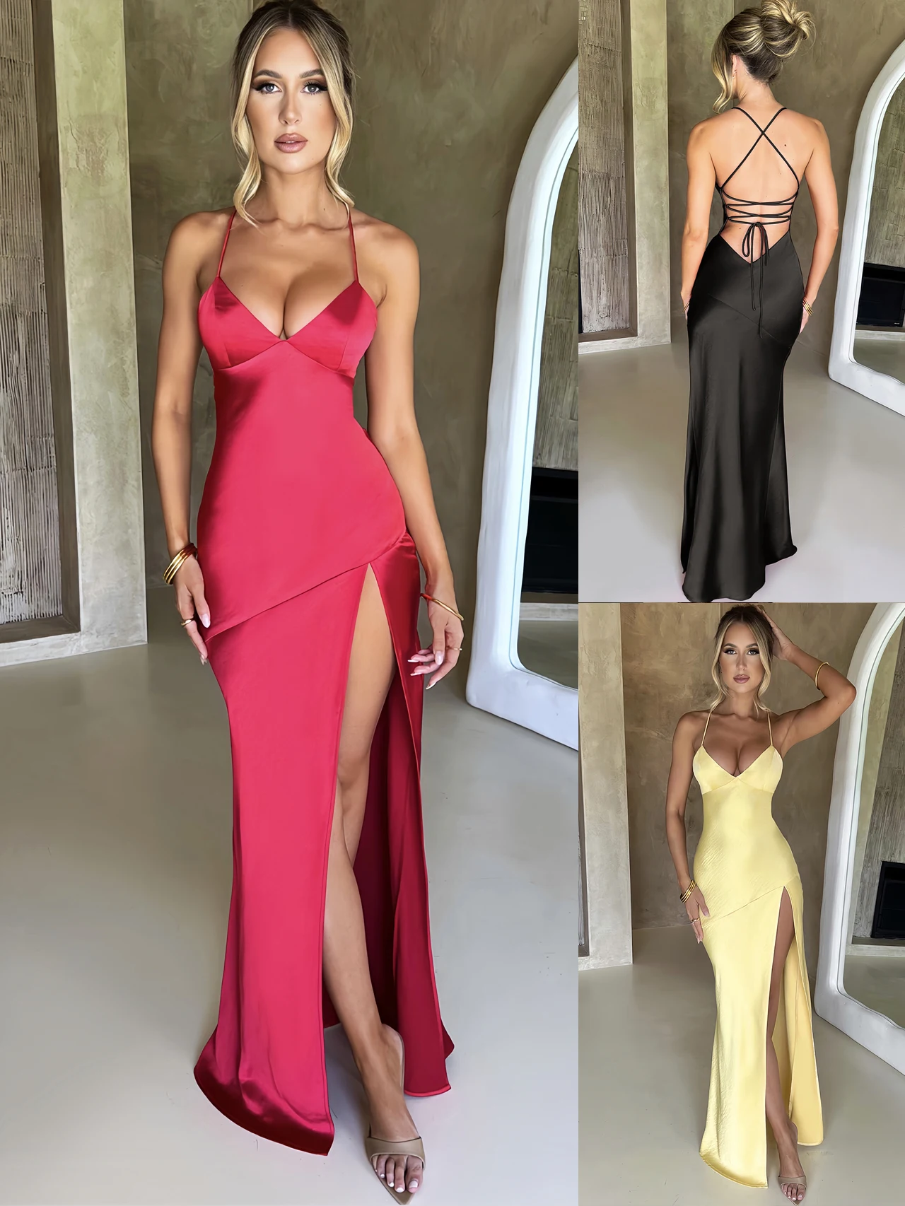 

Summer New Fashion Dress Women's Sexy V-Neck Suspender Slit Mid-Length Evening Dress Elegant Party Club Satin Slim Fit