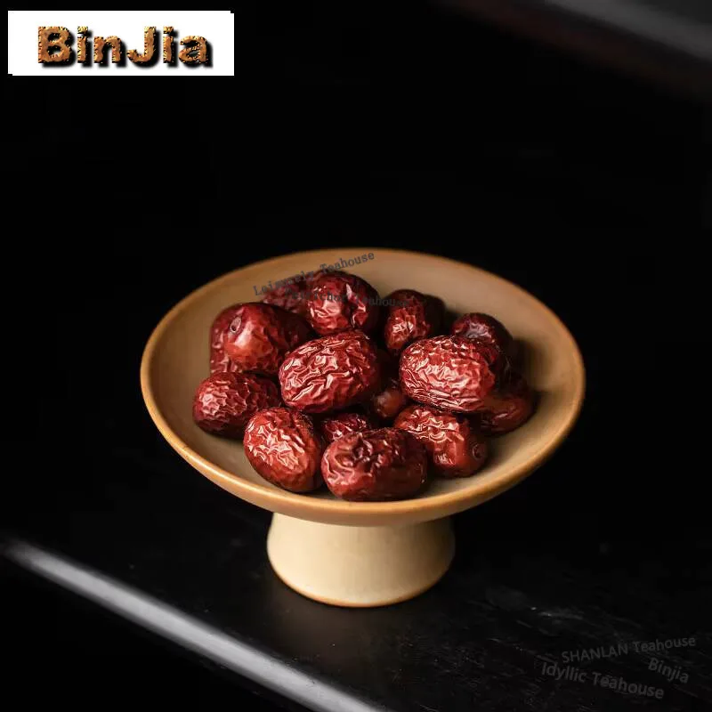 

Kiln Change Yellow Handmade Fruit Plate Household High-feet Snack Plate Vintage Pastry Plate Appetizer Serving Platter Tray Gift