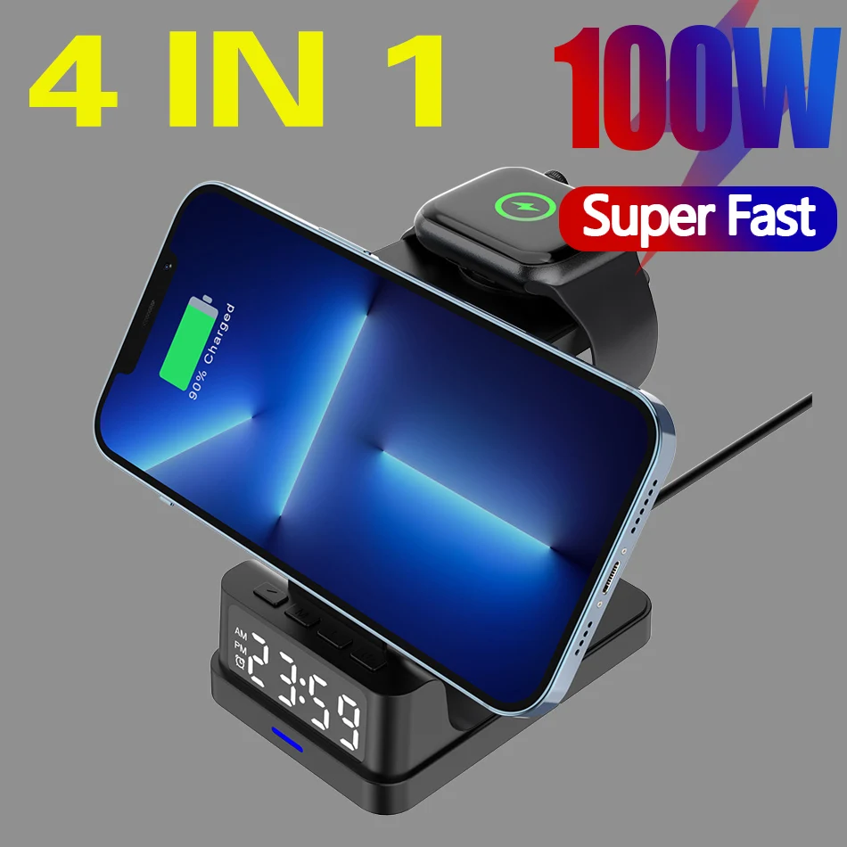 

100W 4 in 1 Magnetic Phone Holder Wireless Charger for iPhone 12 13 14 15 iWatch 6 7 8 SE Airpods Pro With Alarm Clock Charging