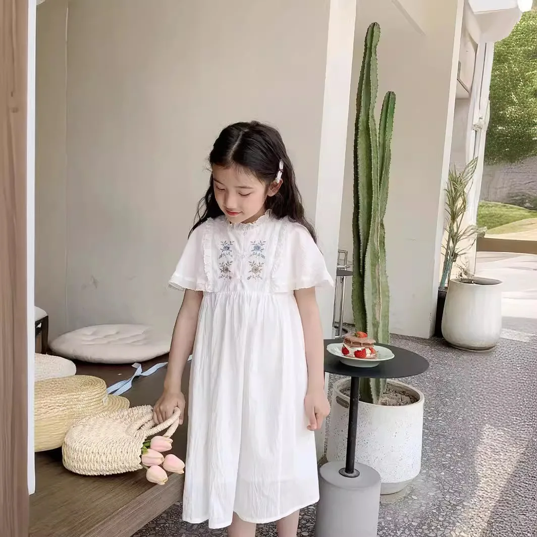 

24ss Brand Kids Dress for Girls Cute Flower Print Short Sleeve Princess Dress
