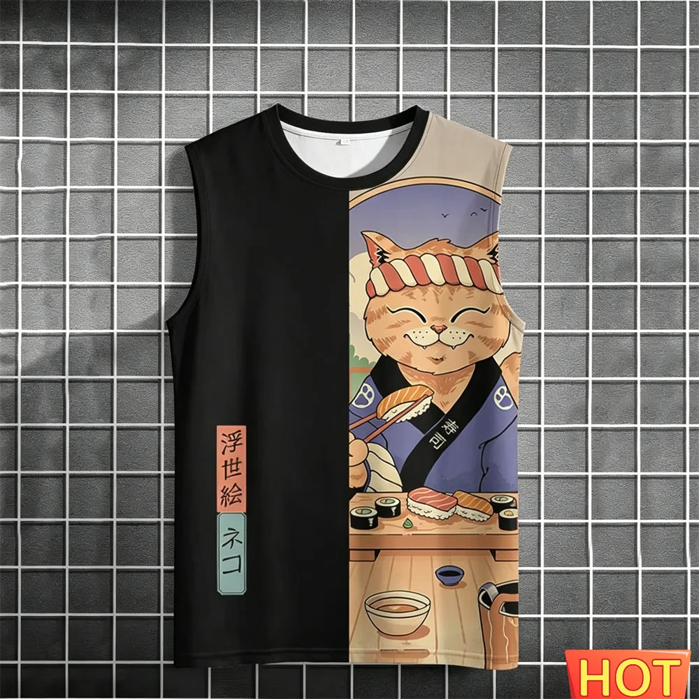 Unisex men's t-shirts and tank tops Japanese Samurai Cat Printed Men's sleeveless T-shirt Funny Shirt Tops Funny graphic T-shirt