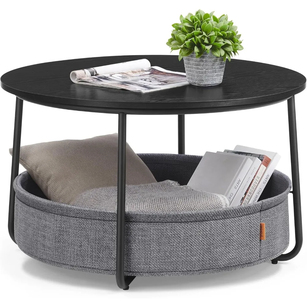 

Coffee Table with Storage, Round Center Table for Living Room with Fabric Basket, Modern Style, Metal Frame, Ink Black and Slat