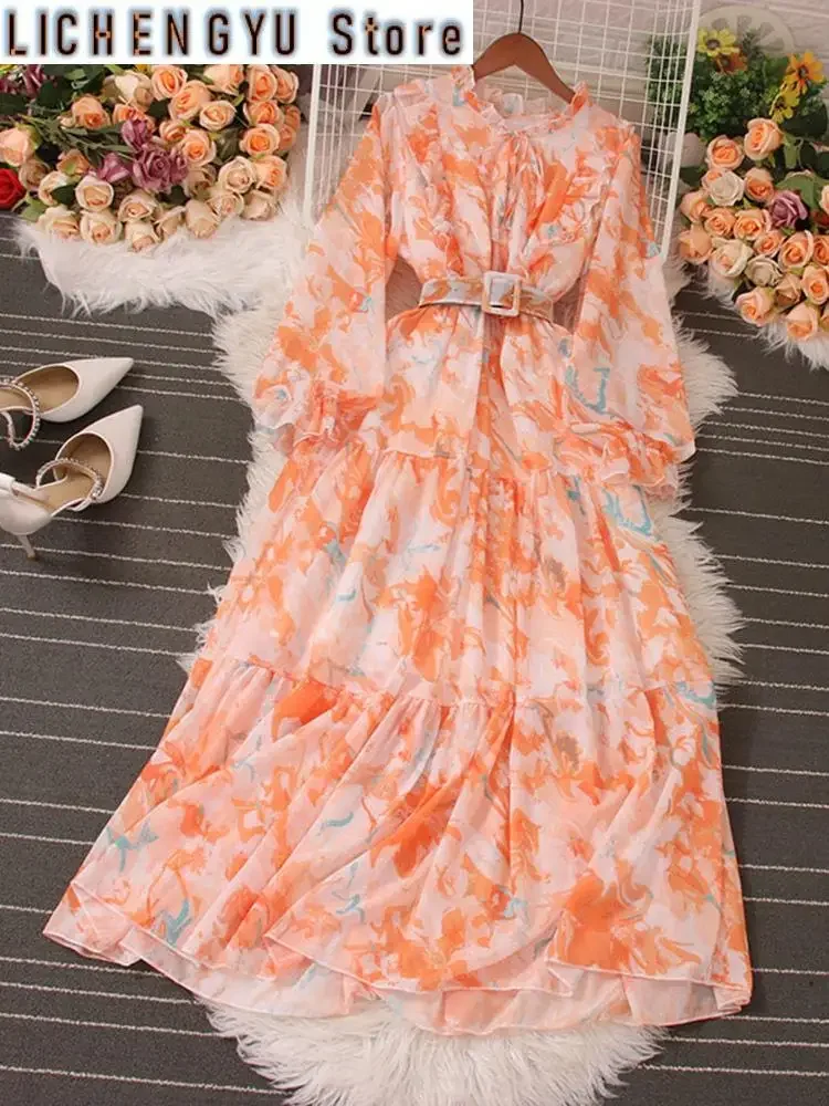 

New Sweet Style Women's Dress Long-sleeve Stand Collar Tie Dye With Belt High Waist A-line Dresses Autumn Winter