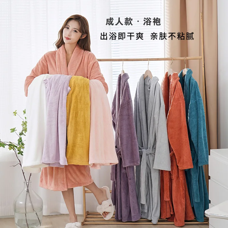 1 Pc Unisex Coral Fleece Bath Robe, Classic Simple Style, Thick Water‑Absorbent Soft Bathrobe, Adult Loungewear for Home, Hotel