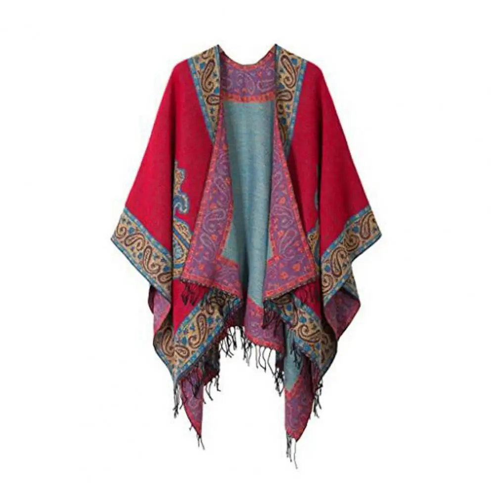 Women Shawl Vintage Print Tassel Irregular Hem Loose Imitation Cashmere Open Sticth Fall Winter Cape Poncho