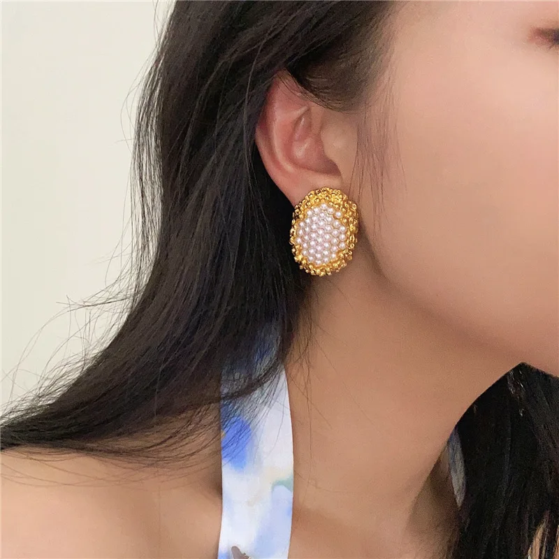 Kshmir Vintage Geometric Metal Pearl Earrings for Women Exaggerated Trendy Party Jewelry Accessories