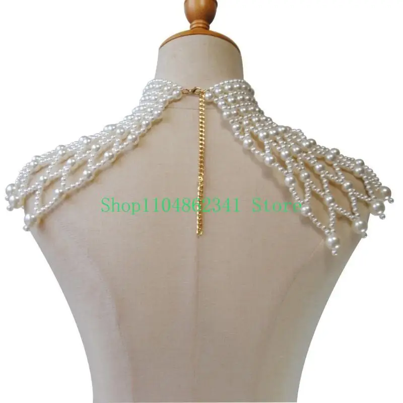 652F Flapper Pearls Neck Chain Luxurious Necklace Vintage Tassels Collar Jewelry Elegant Pearls Shoulder Chain Hand Beading