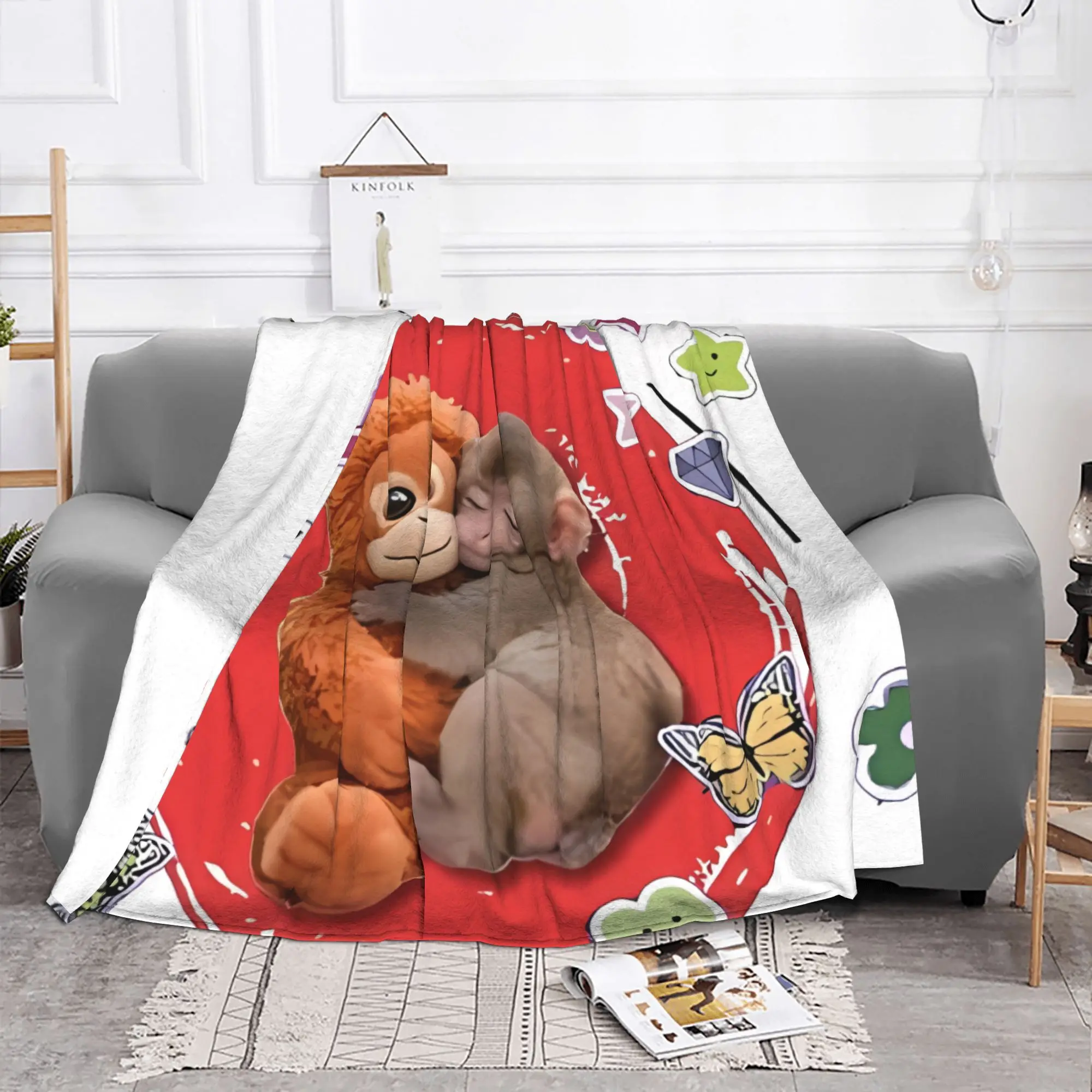 1PC home Cute Room Decor Olivia Blanket Throw Blanket Cute monkey hugging plush Novelty Warm Blanket All Season
