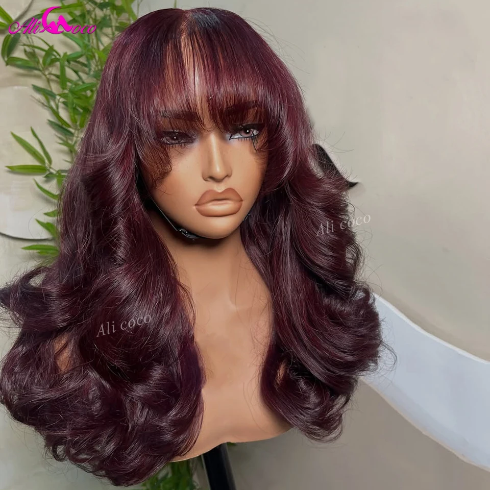 Dark Burgundy Glueless Wigs Human Hair 99j Red Colored with Bang Body Wave Drawstring Wig 13x6 13x4 Lace Frontal Wigs Human Hair