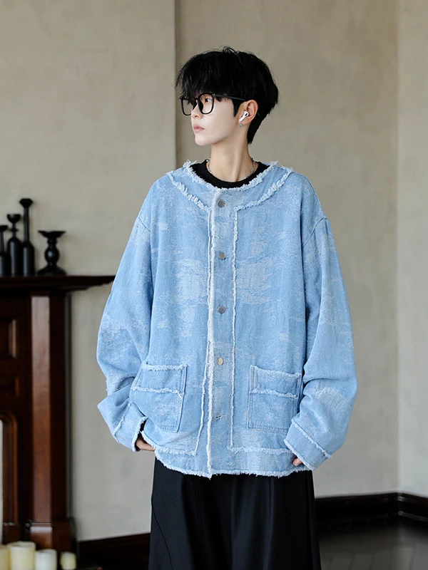 

Мужская джинсовая куртка в стиле ретро-американский кэжуал, весна-осень, с круглым вырезом, с элементами джинсовой ткани, брендовая, в стиле Vibe, удлиненный рукав