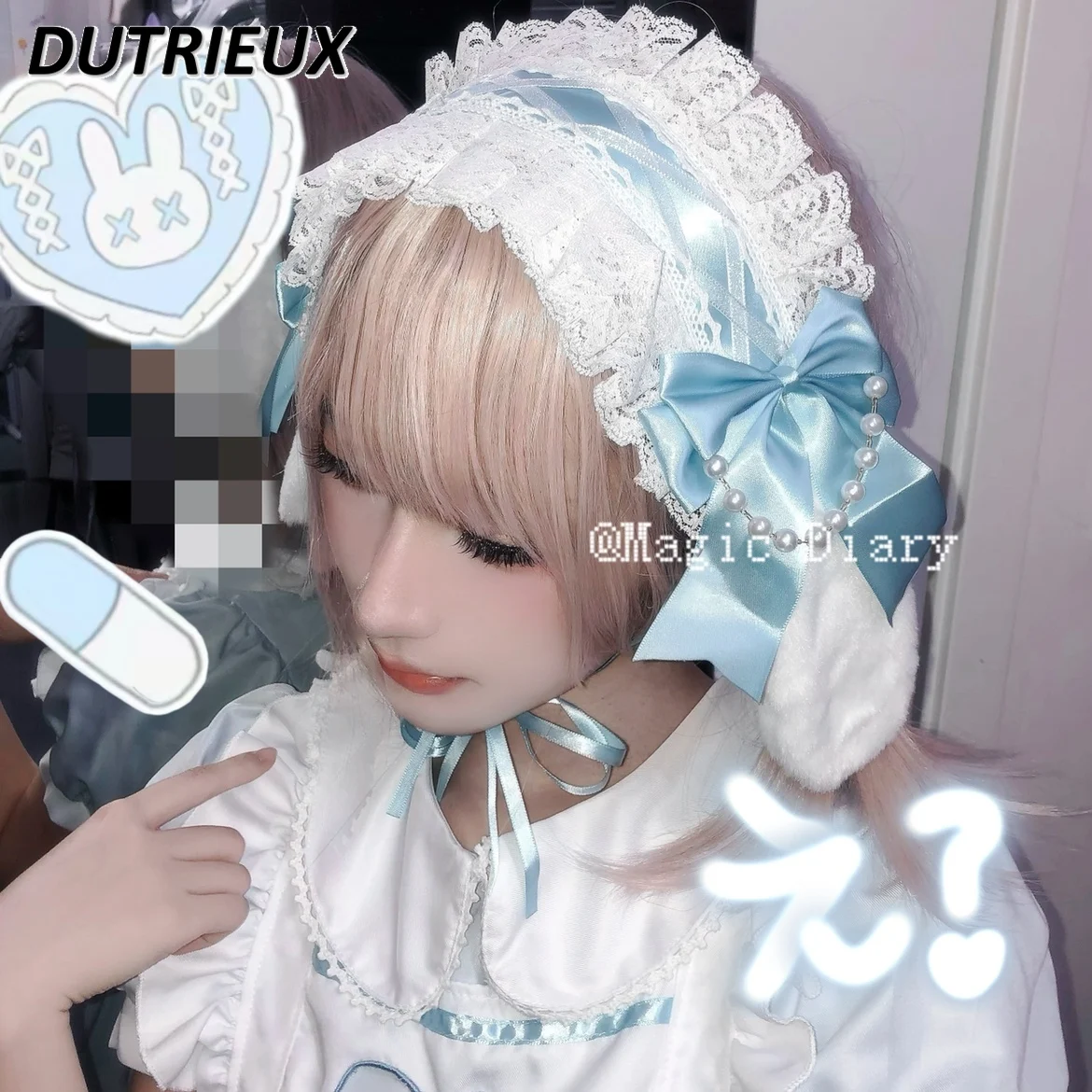 Japanese Rabbit Ears Bow Beaded Sweet Headband Hairpin Cute Lolita Y2k Cosplay Versatile Lace Headwear Hair Accessories