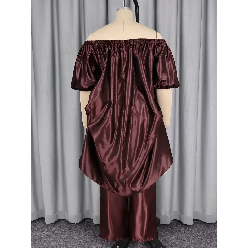 Elegant Two Piece Set Africa Kaftan Boubou Slash Neck Puff Sleeves Off Shoulder Robe with Matching Pants Wedding Party Outfit