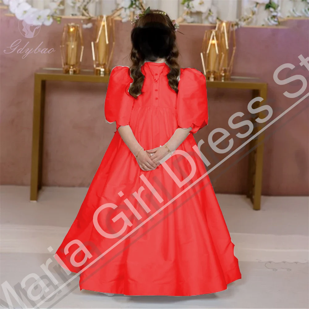

Custom Classic Style Red Bubble Sleeve Long First Communion Dress Button Decoration For Children's Birthday Flower Girl Dress
