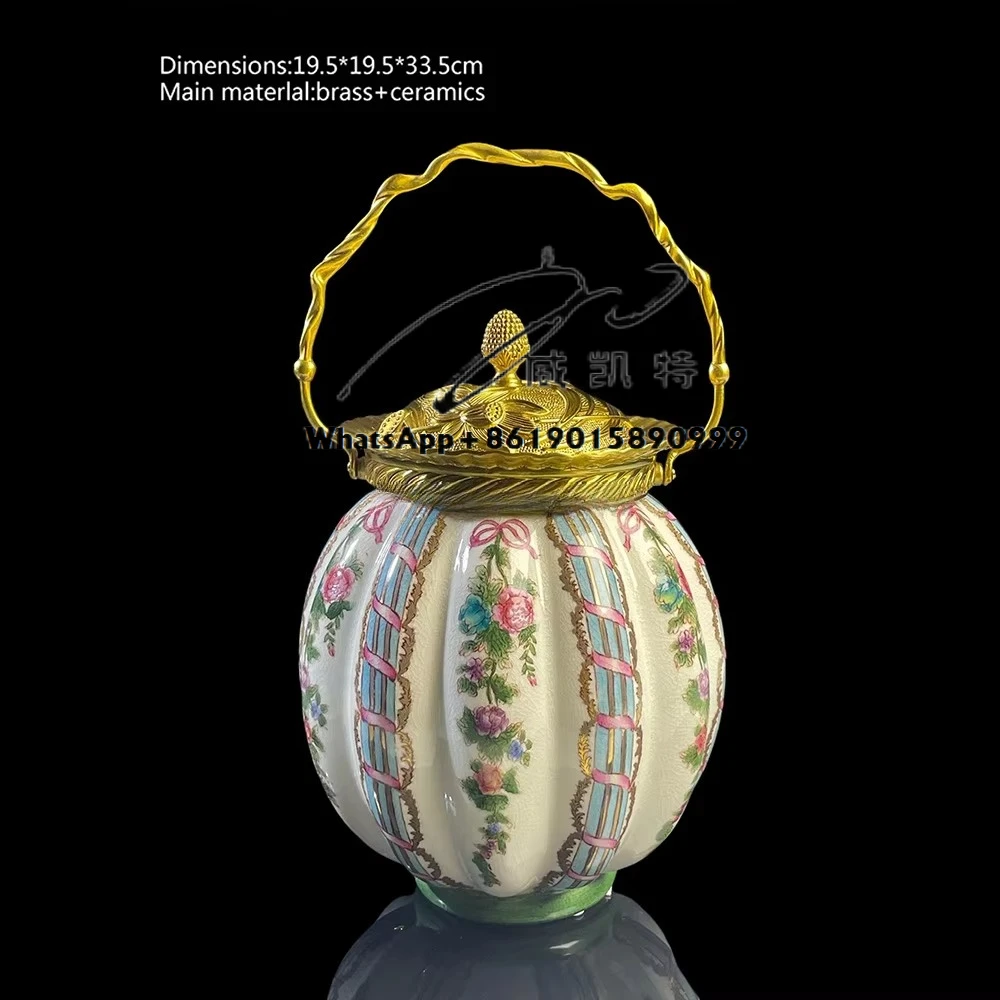 Gold Brass Handle and Lid Decorative Box Luxury Hand-Painted Floral Design Small Porcelain Pot for European Style Home Decor