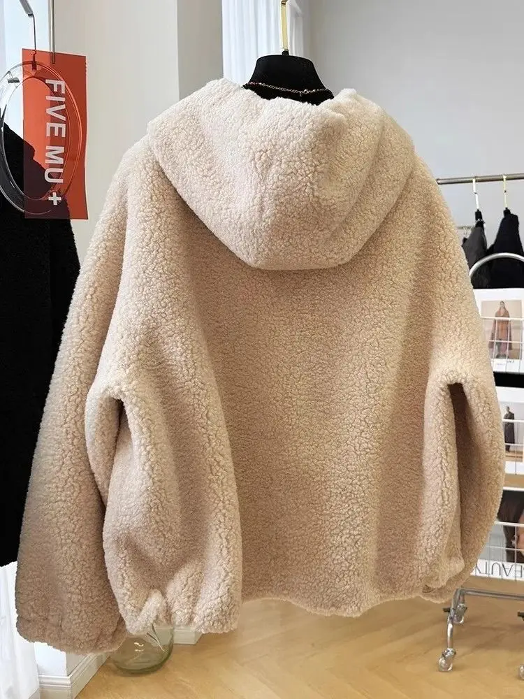 Women Faux Fur Hooded Jacket Winter Thick Fluffy Plush Zip Up Coat Oversized Loose Casual Warm Fleece Outerwear For Ladies Y2K