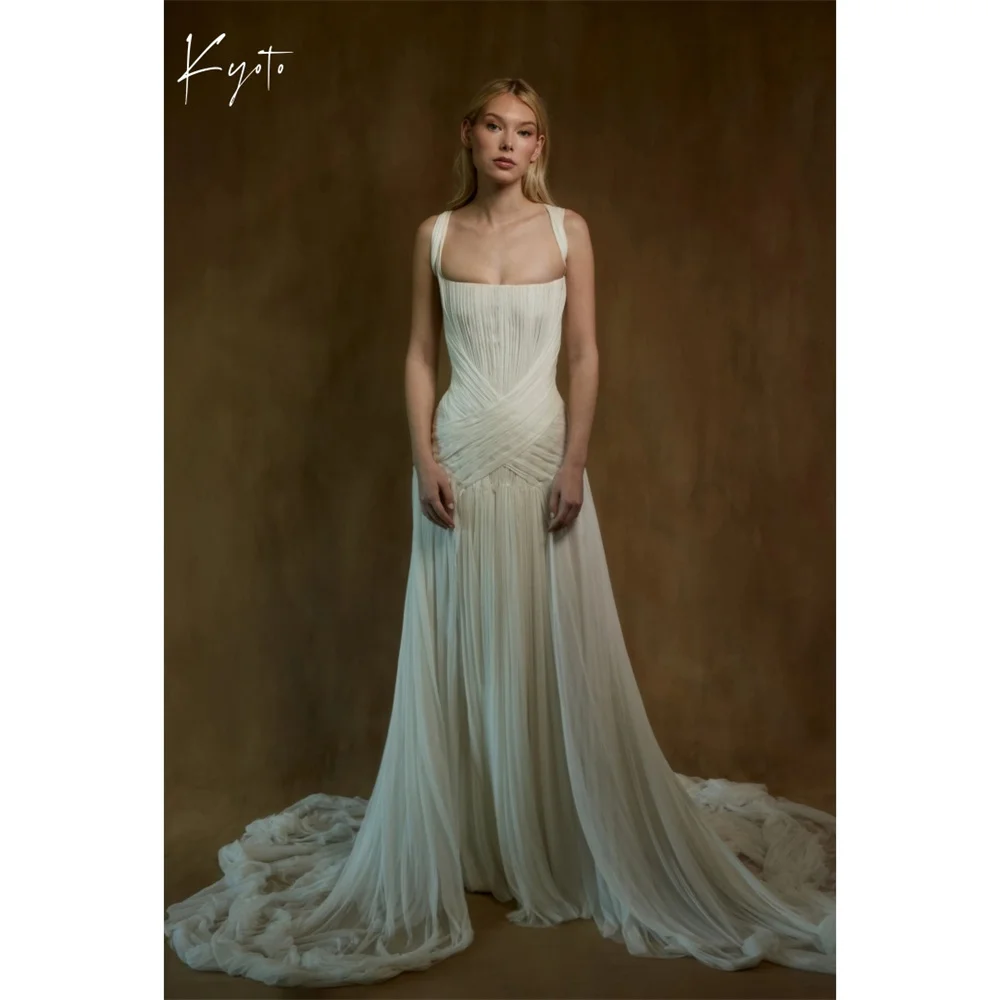 

Kyoto индивидуальное белое свадебное платье с квадратным воротником без рукавов на шнуровке сзади, Vestidos de Noiva, вечернее платье трапециевидной формы со шлейфом