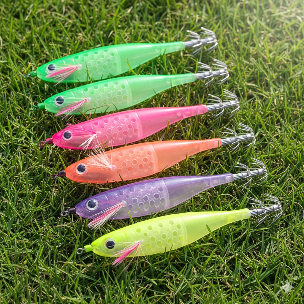 1 stück Pesca 10g Leucht Tintenfisch Jig 12 cm Holz Garnelen Lockt 6 Farben Künstliche Köder Octopus Tintenfisch salzwasser Angelhaken