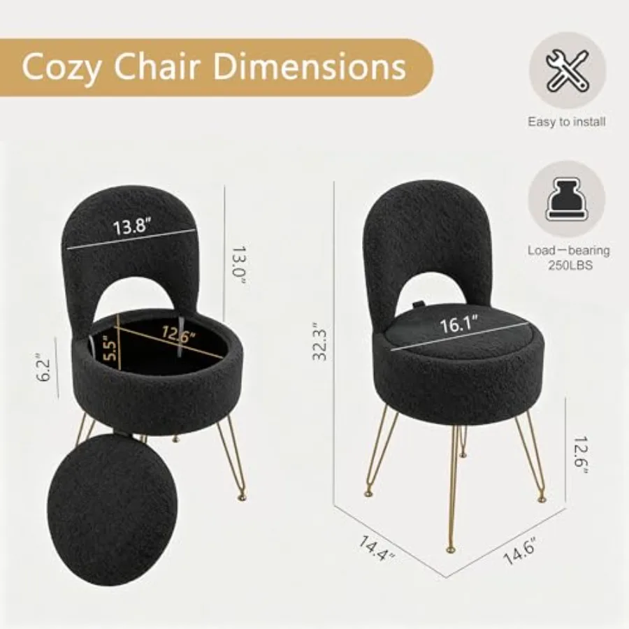 Round vanity stool with storage and folding back for bedroom or living room use, black teddy fleece fabric, gold metal legs, co