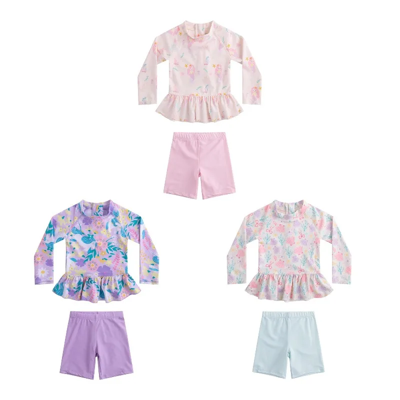 Toddler Girl Mermaid Swimwear Ruffle Floral Print One Piece Bathing Suit for Swimming Pool Quick Dry UPF50+ Kids Swimwears
